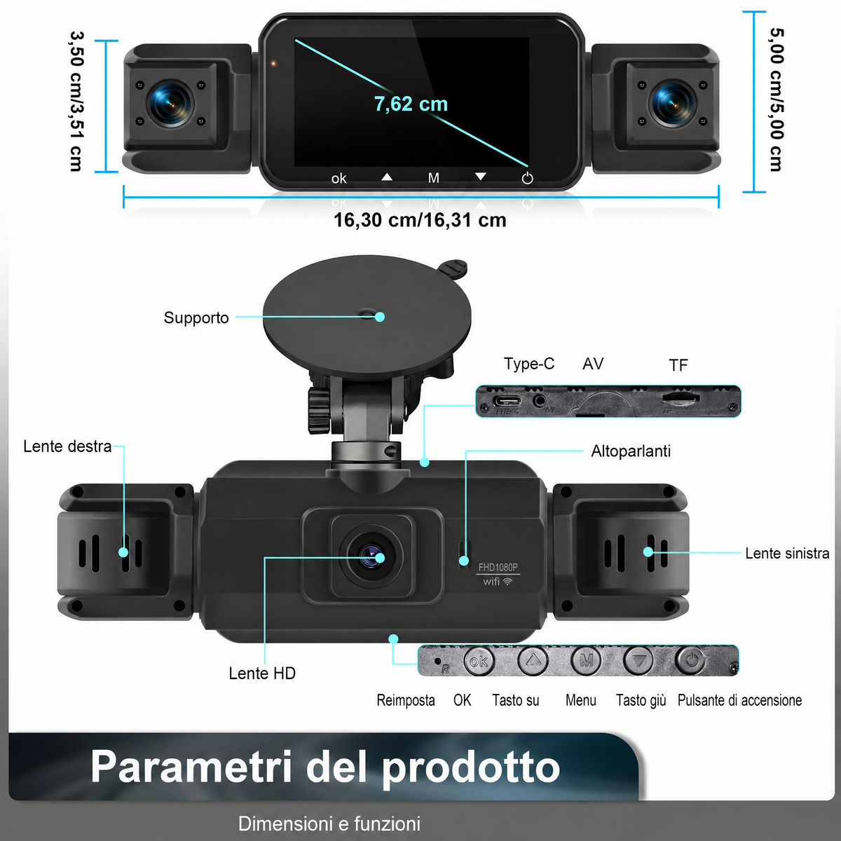 Dash cam wireless per auto anteriore e posteriore con visione notturna