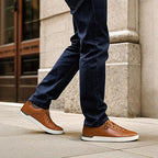 Scarpe Stringate Uomo Pelle Marrone con Inserti Suede Blu e Suola Bianca