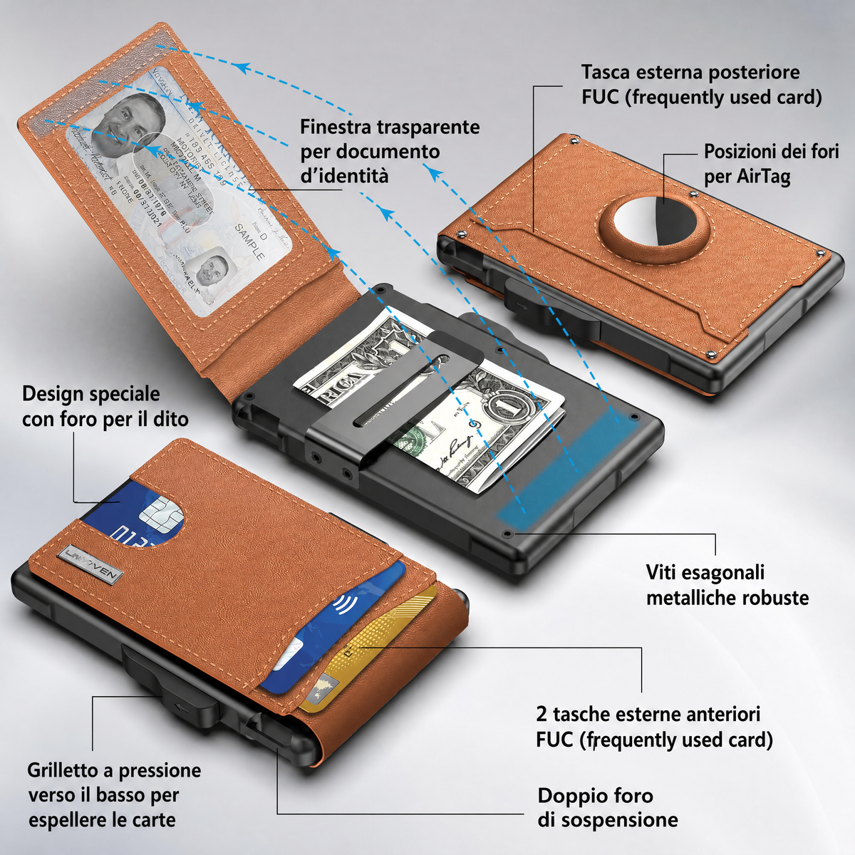 AirTag Wallet da uomo - con portacarte in alluminio pop up fermasoldi, slot portatessere in pelle slim, portacarte di cr