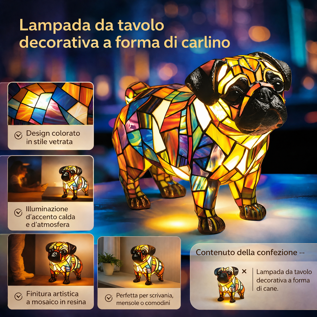 Lampada da tavolo decorativa con statuetta di cane in resina