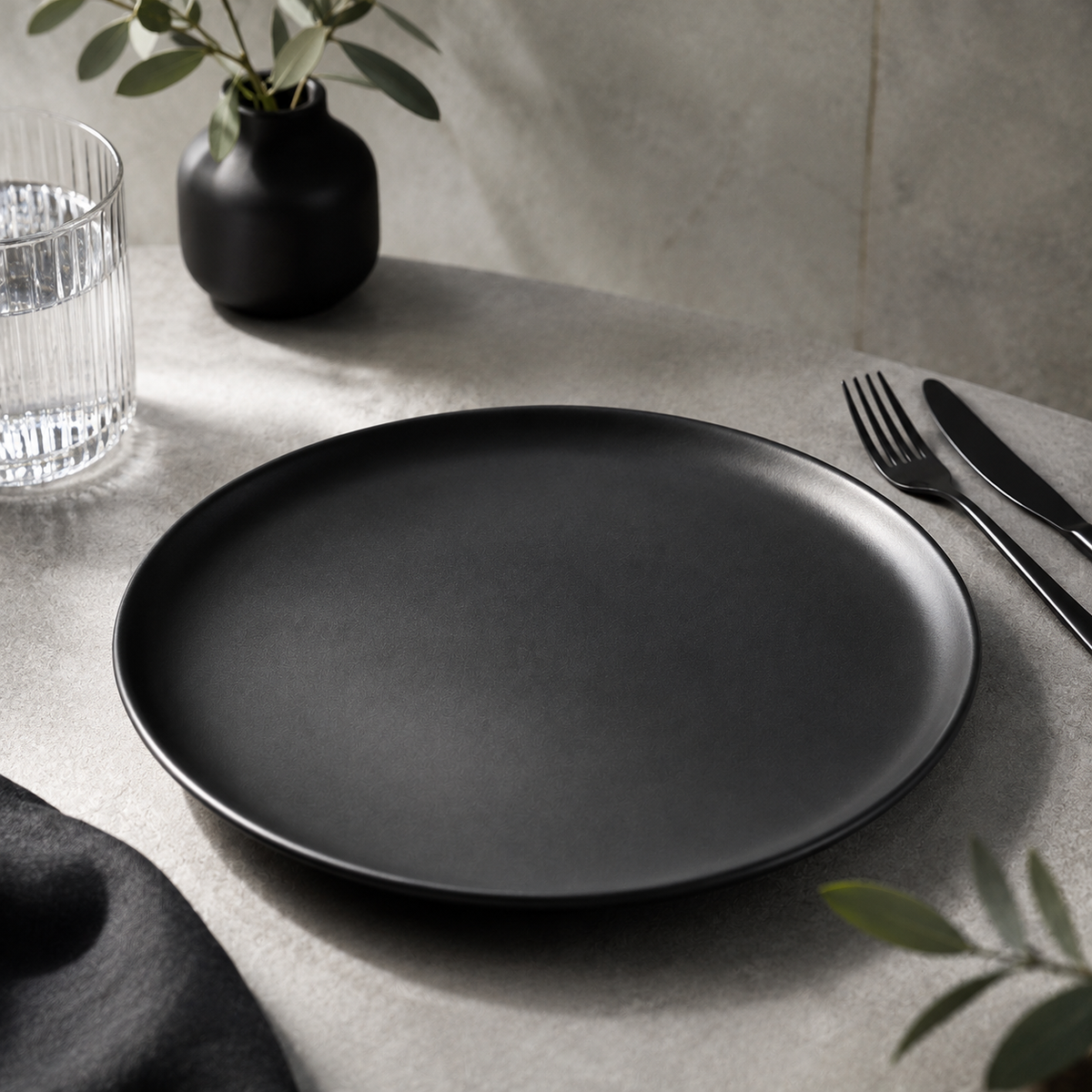 Dettaglio del bordo del piatto in ceramica nero