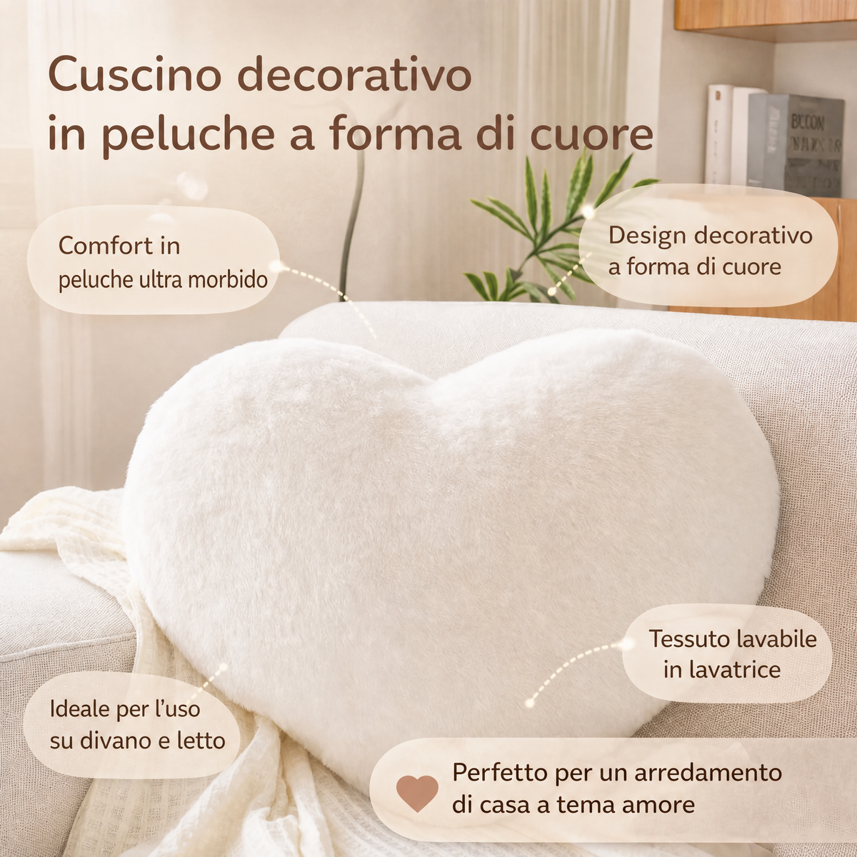 Cuscino da divano decorativo a forma di cuore in peluche