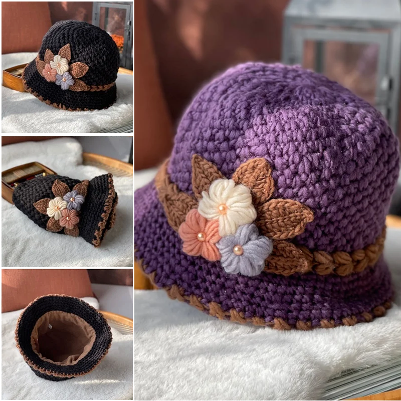 Cappello di lana lavorato a maglia a fiori spesso francese da donna