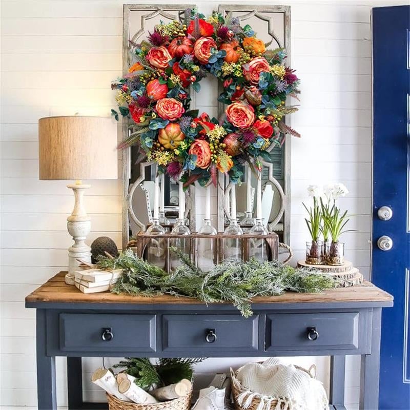 Ghirlanda per porta autunnale | Design rustico con peonia e zucca | Decorazione autunnale artigianale