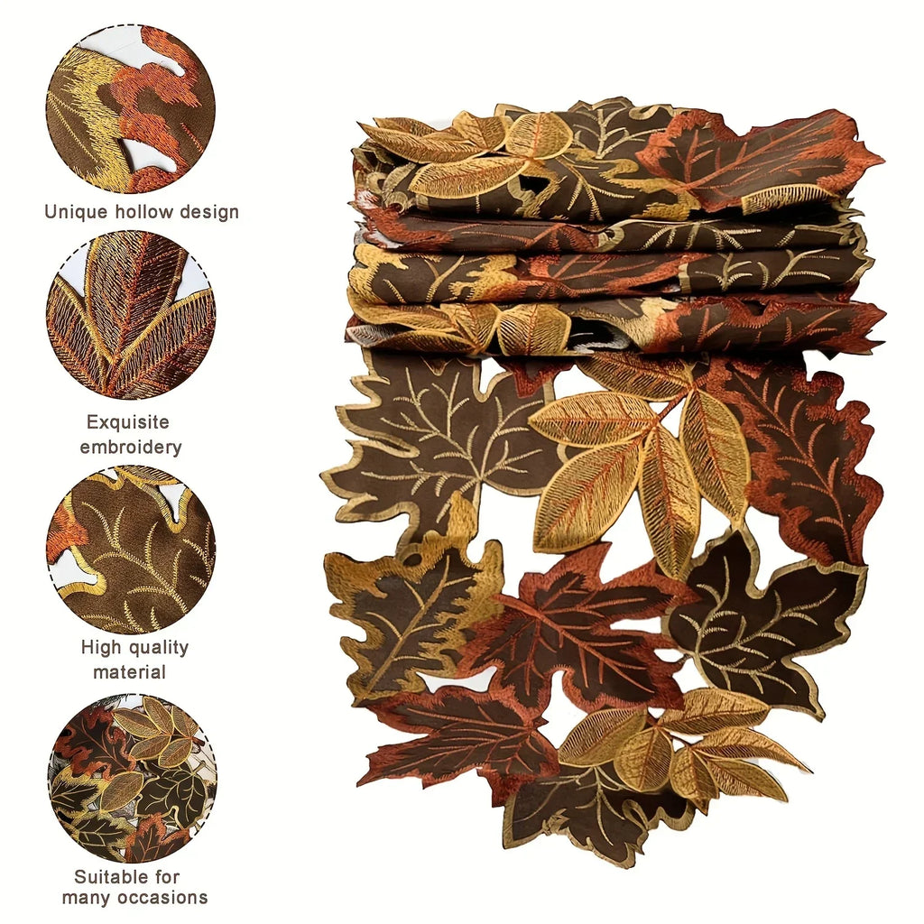 Runner da tavolo HarvestLeaf | Design foglia d'acero ricamato | Decorazioni autunnali in stile country