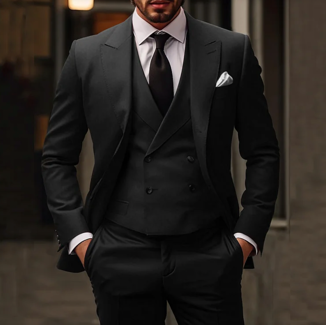 Abito a tre pezzi in lana italiana | Design gilet doppio petto