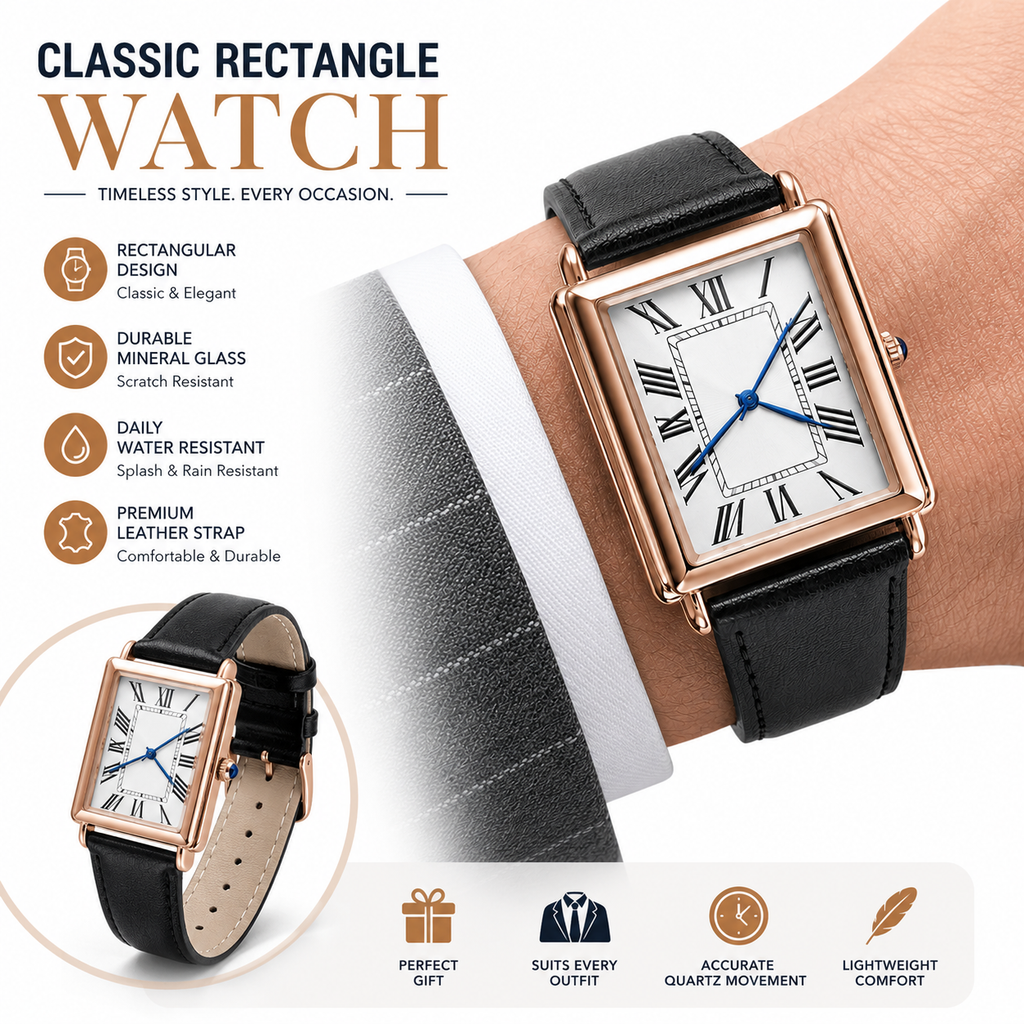 Orologio elegante rettangolare in pelle con quadrante romano vintage