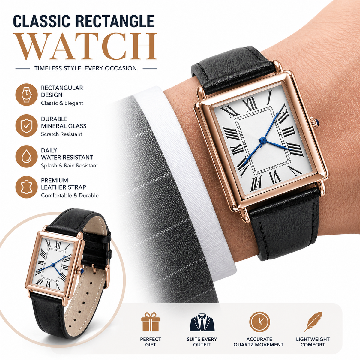 Orologio elegante rettangolare in pelle con quadrante romano vintage