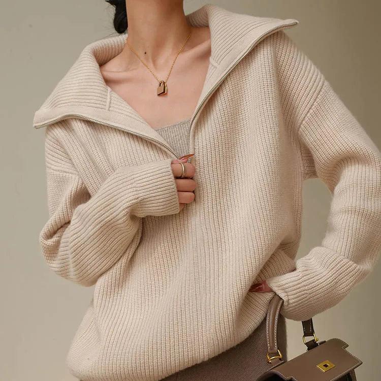 Maglione lavorato a maglia con mezza zip | Pullover in misto cashmere a coste
