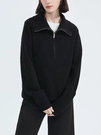 Maglione lavorato a maglia con mezza zip | Pullover in misto cashmere a coste