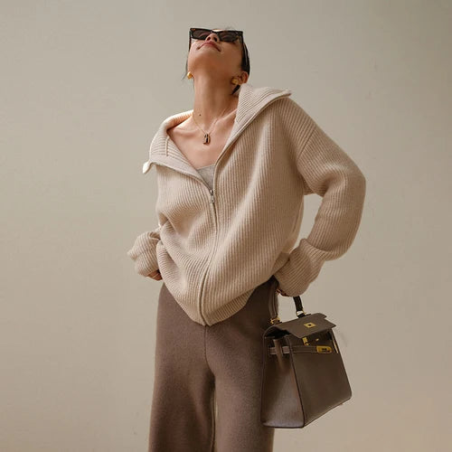 Maglione lavorato a maglia con mezza zip | Pullover in misto cashmere a coste