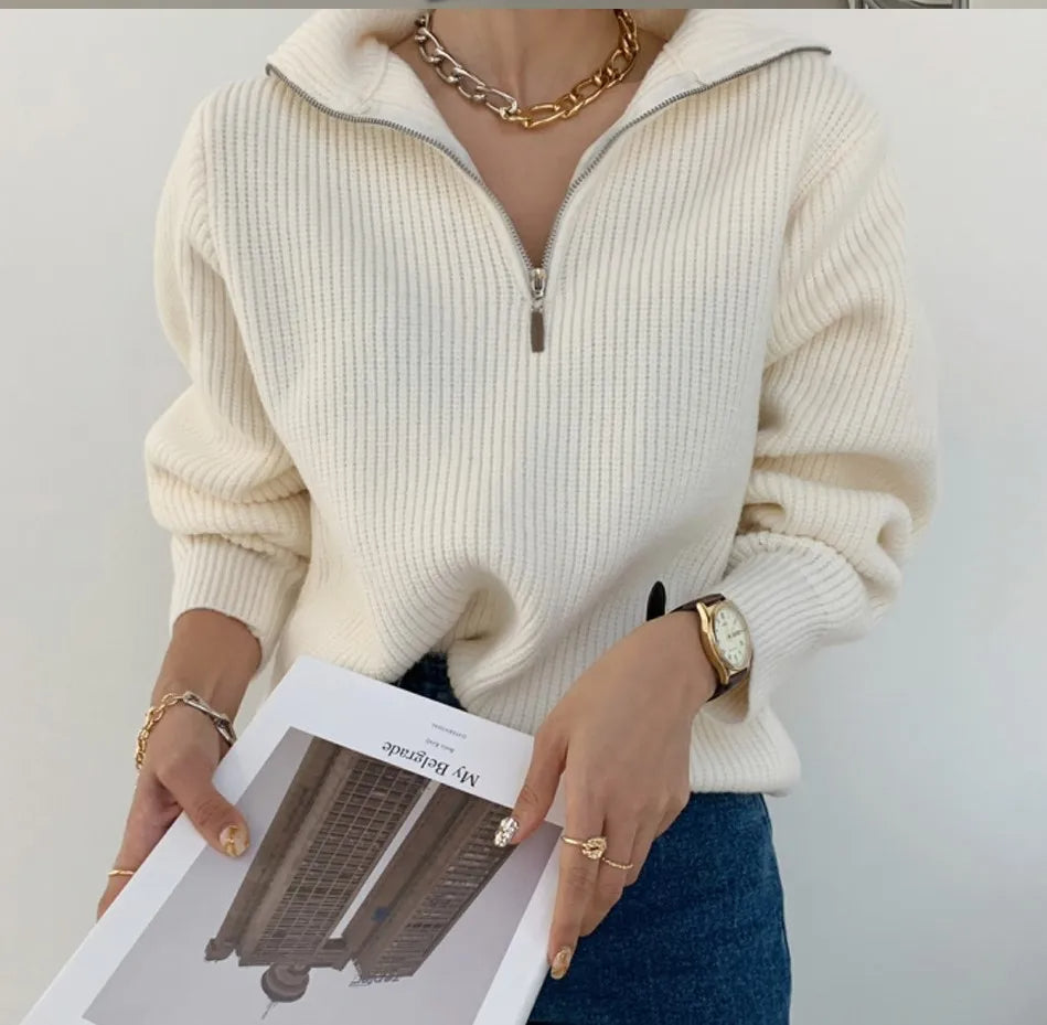 Maglione lavorato a maglia con mezza zip | Pullover in misto cashmere a coste