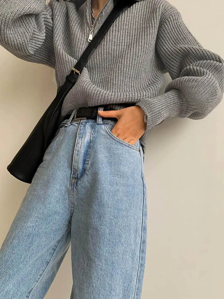 Maglione lavorato a maglia con mezza zip | Pullover in misto cashmere a coste