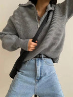Maglione lavorato a maglia con mezza zip | Pullover in misto cashmere a coste
