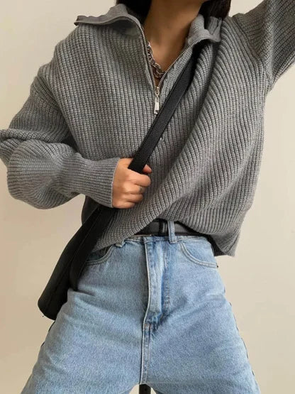Maglione lavorato a maglia con mezza zip | Pullover in misto cashmere a coste
