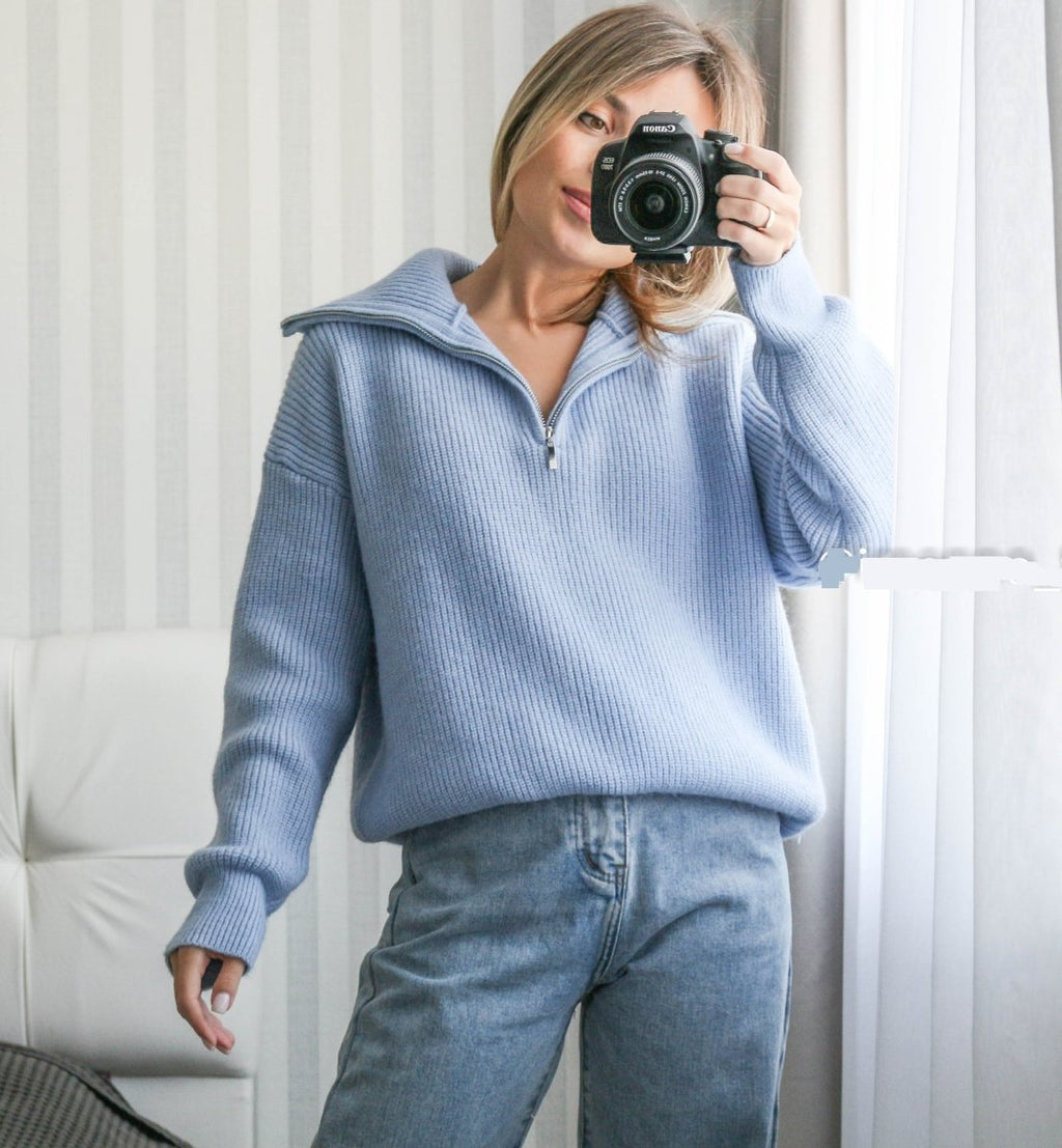 Maglione lavorato a maglia con mezza zip | Pullover in misto cashmere a coste