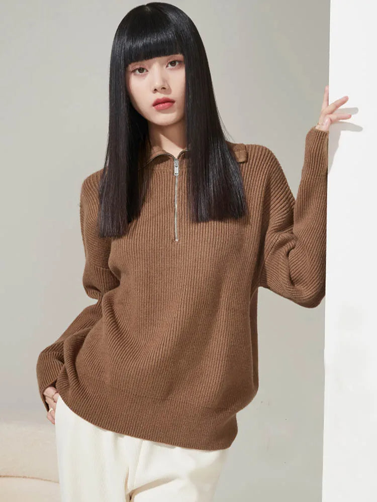 Maglione lavorato a maglia con mezza zip | Pullover in misto cashmere a coste