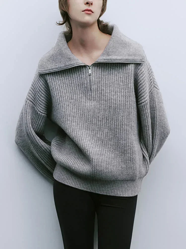 Maglione lavorato a maglia con mezza zip | Pullover in misto cashmere a coste