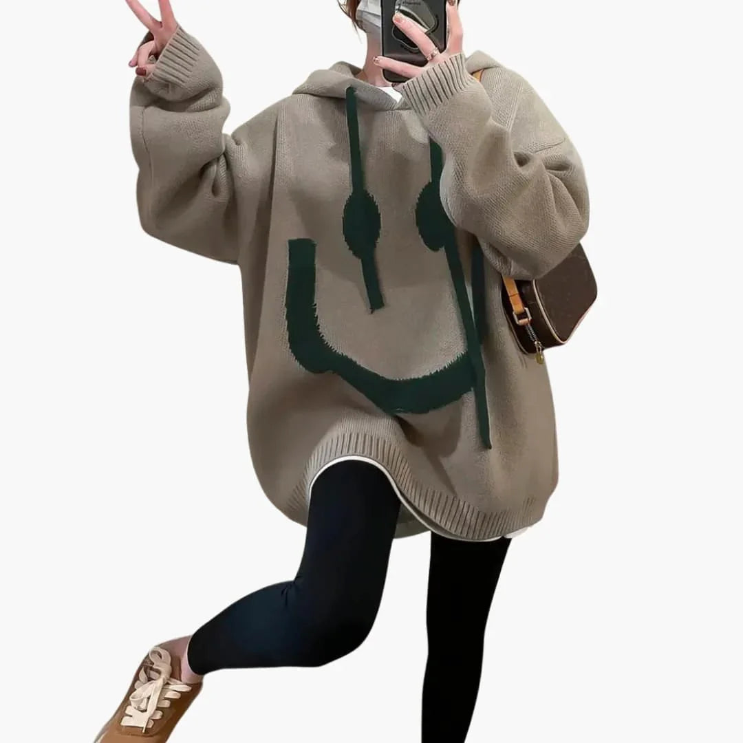 Felpa con cappuccio oversize da donna con stampa di smiley