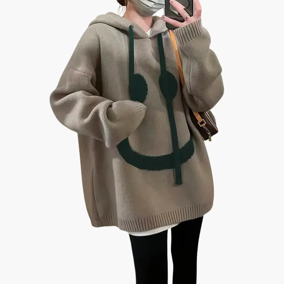Felpa con cappuccio oversize da donna con stampa di smiley