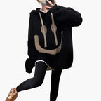 Felpa con cappuccio oversize da donna con stampa di smiley