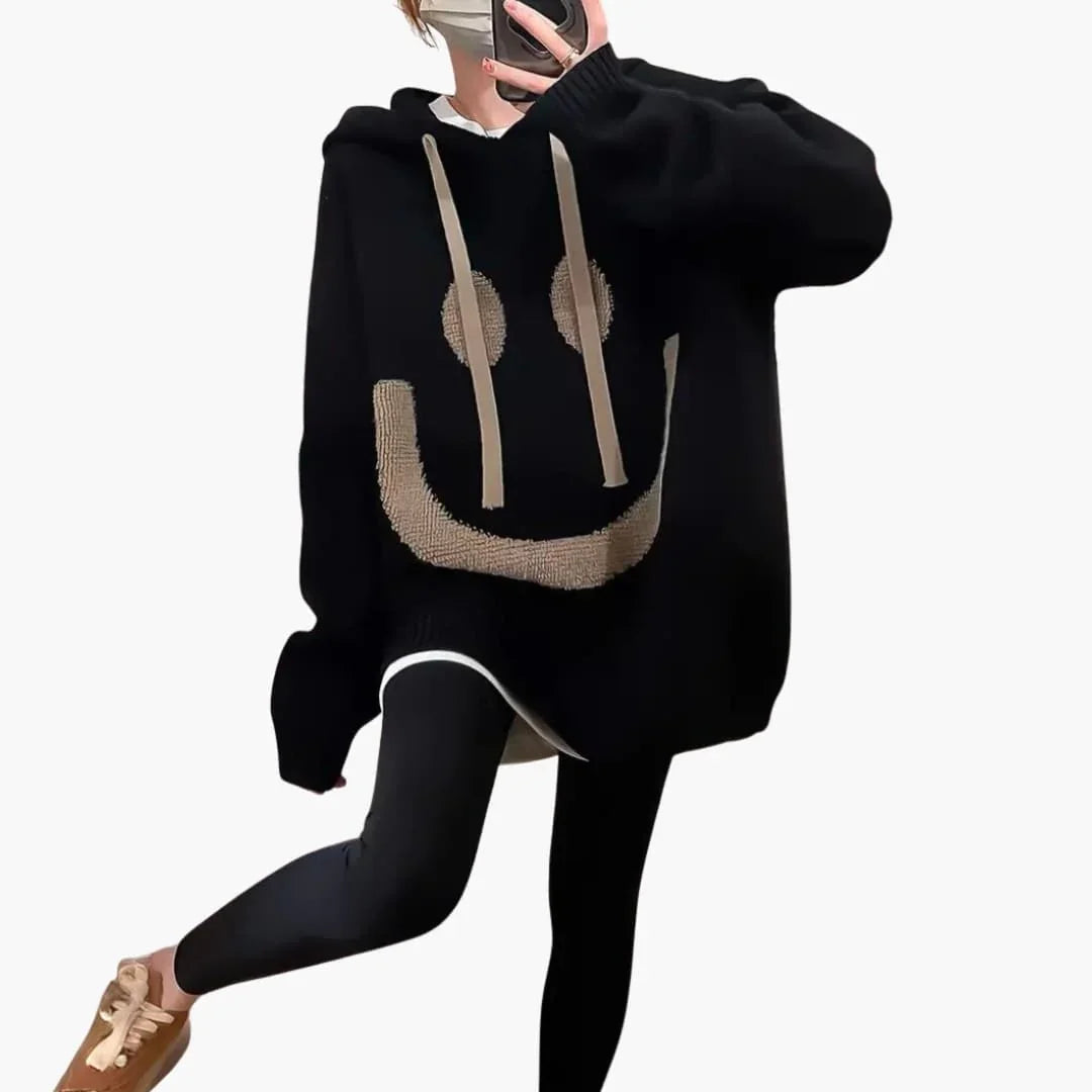 Felpa con cappuccio oversize da donna con stampa di smiley