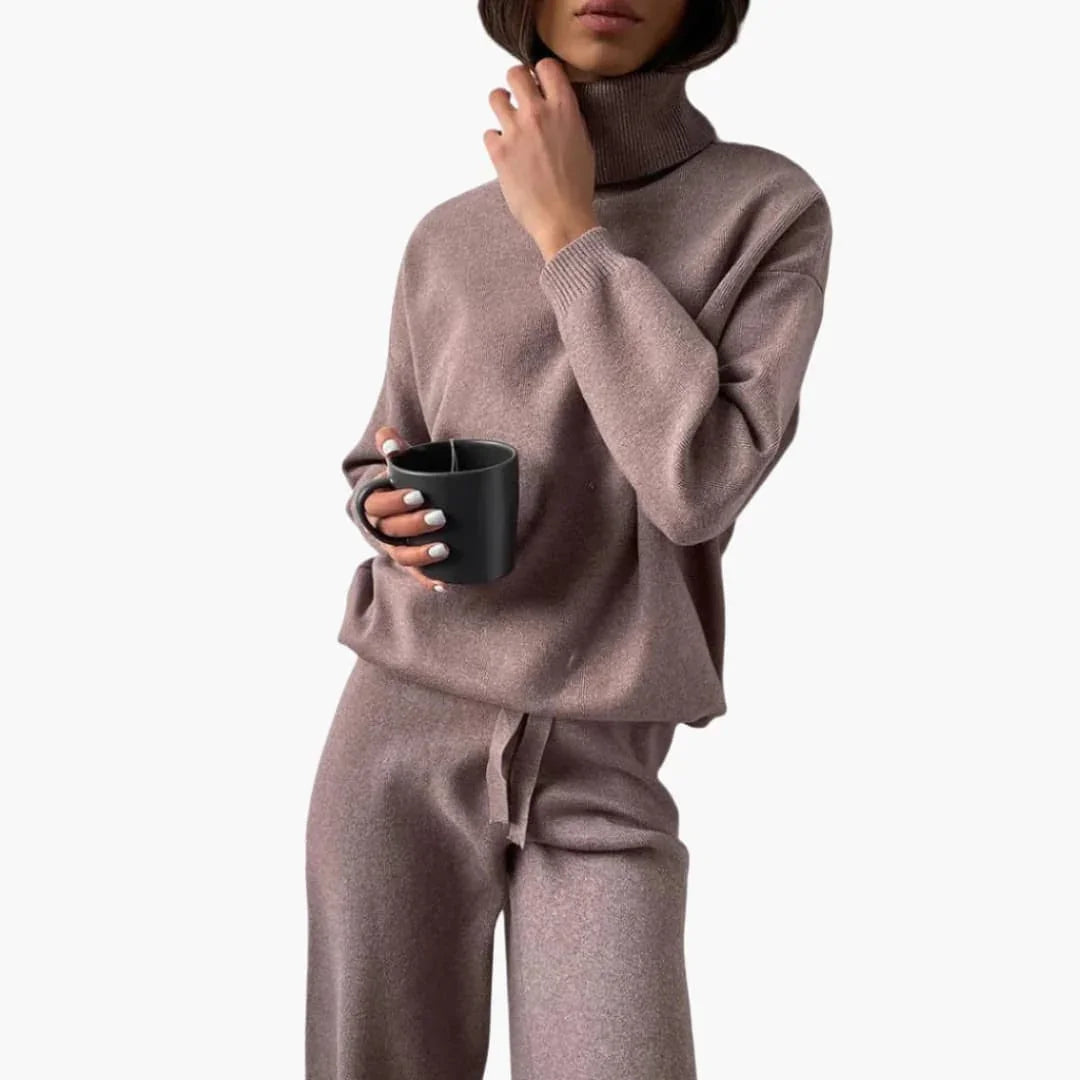 Set lounge da donna in maglia con dolcevita e pantaloni con coulisse