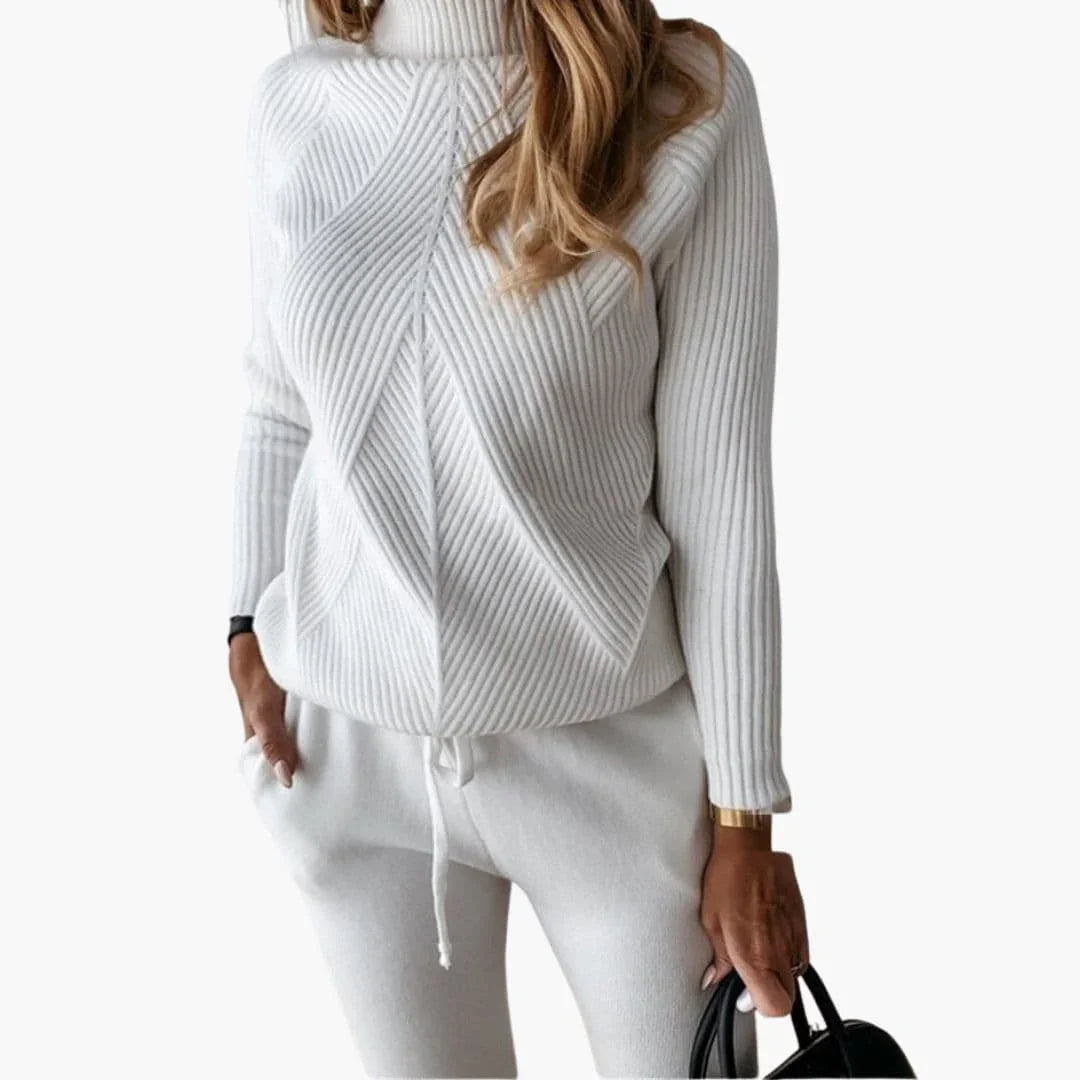 Tuta da donna in maglia con maglione a collo alto e pantaloni da jogging