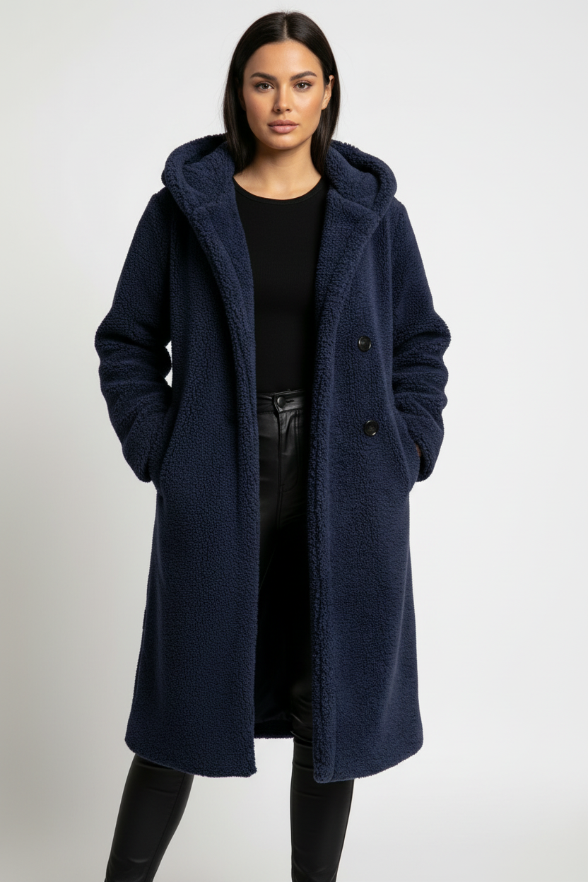 Cappotto Teddy con cappuccio da donna di Amy e chiusura con bottoni
