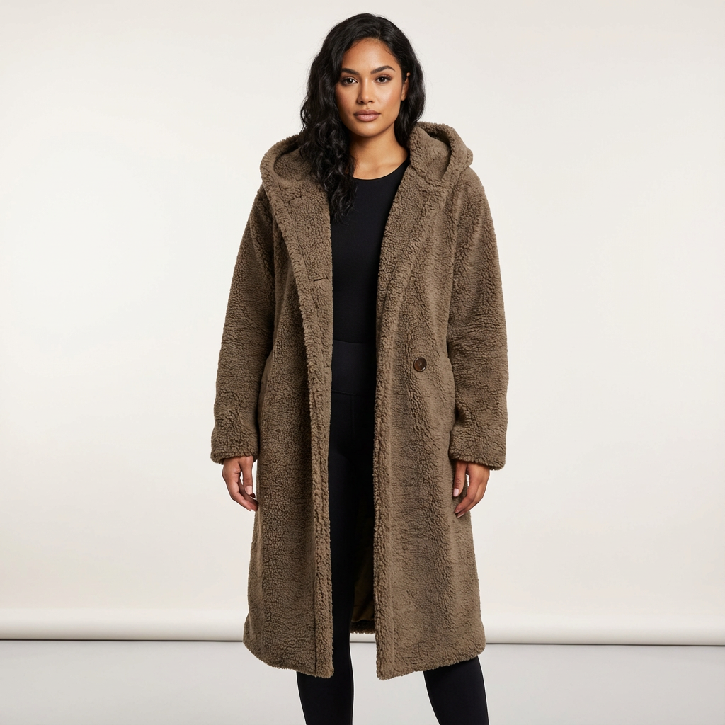 Cappotto Teddy con cappuccio da donna di Amy e chiusura con bottoni