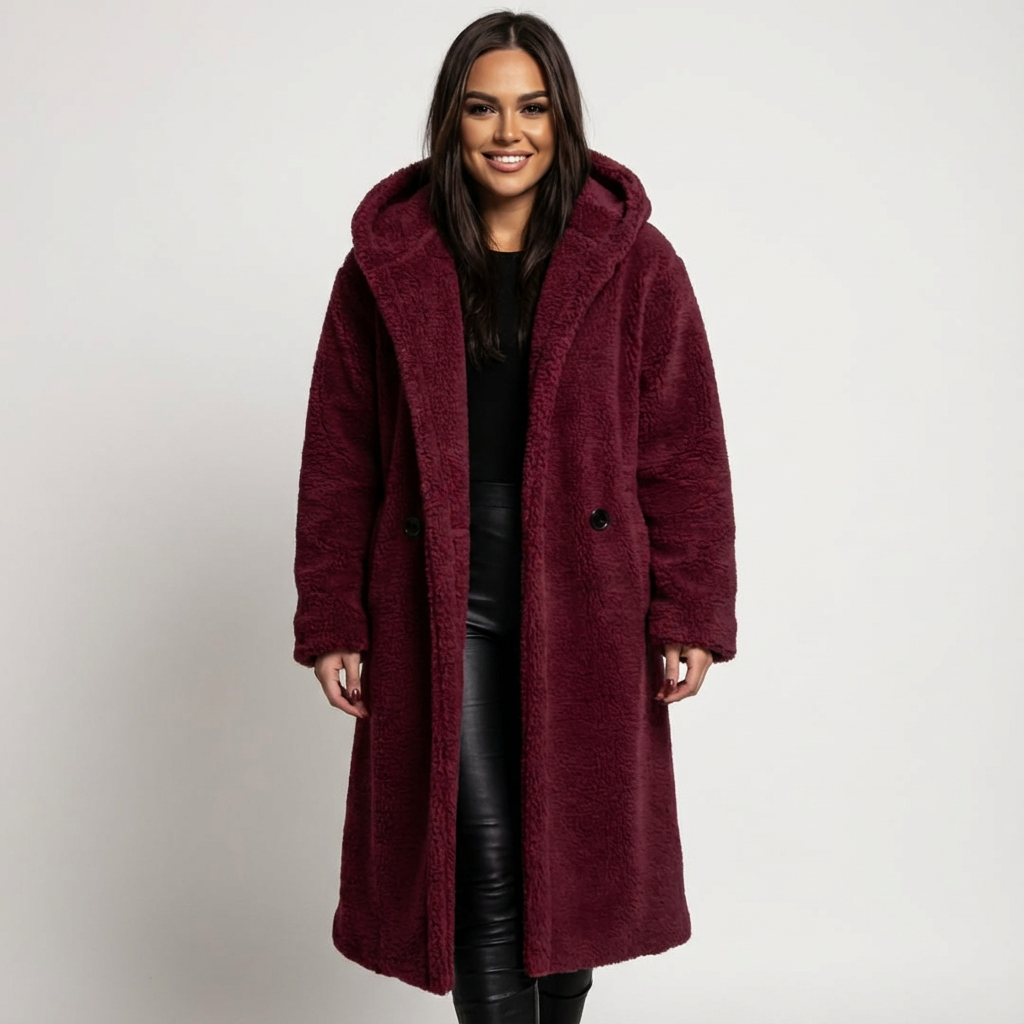 Cappotto Teddy con cappuccio da donna di Amy e chiusura con bottoni