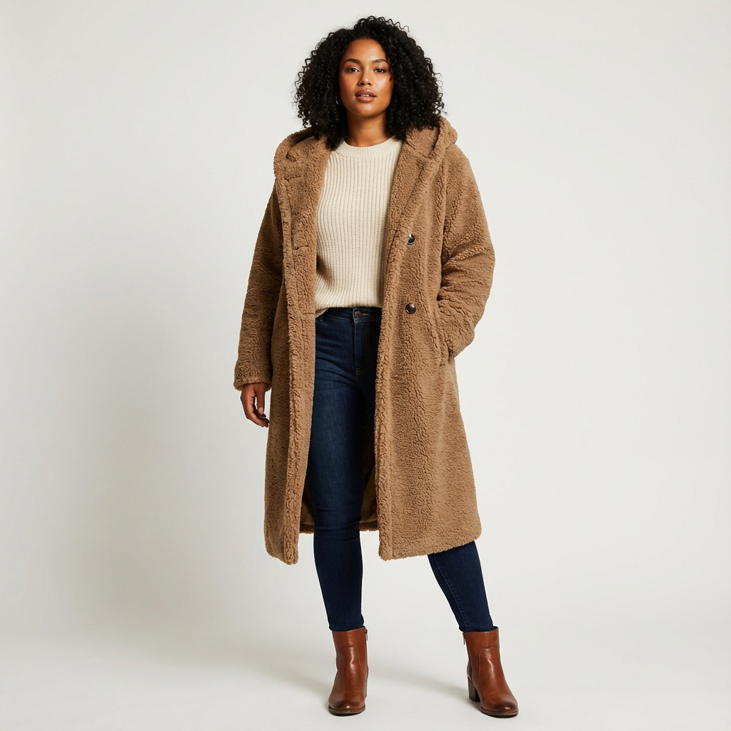 Cappotto Teddy con cappuccio da donna di Amy e chiusura con bottoni