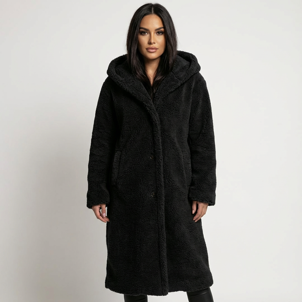 Cappotto Teddy con cappuccio da donna di Amy e chiusura con bottoni