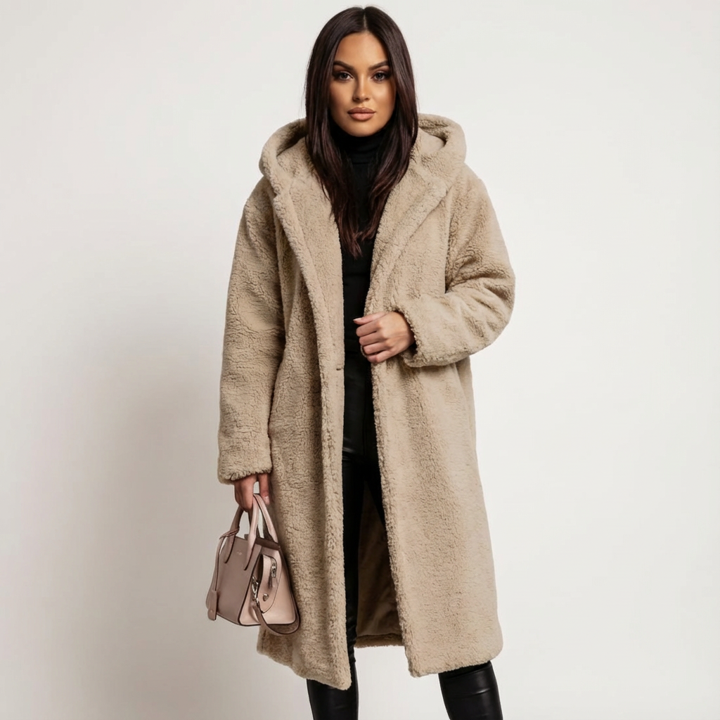 Cappotto Teddy con cappuccio da donna di Amy e chiusura con bottoni