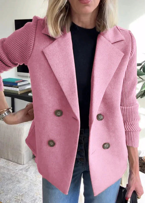 Cappotto invernale doppiopetto | Maniche a coste in misto lana rosa