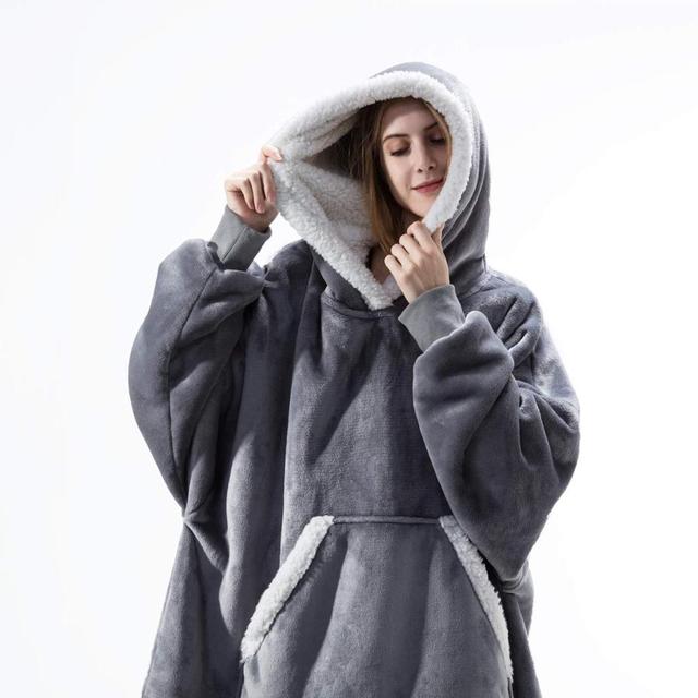 Felpa con cappuccio oversize Sherpa Fleece Deken Grijs Roze Zwart Blauw Geruit Rood Extra Warm en Zacht One Size Loungewear Huisdeken met Capuchon en Zakken