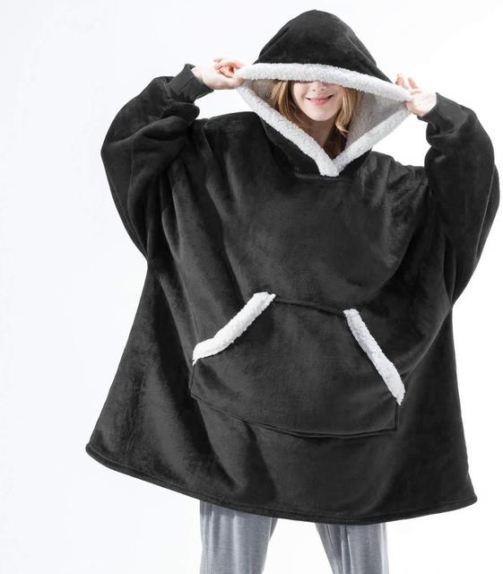 Felpa con cappuccio oversize Sherpa Fleece Deken Grijs Roze Zwart Blauw Geruit Rood Extra Warm en Zacht One Size Loungewear Huisdeken met Capuchon en Zakken