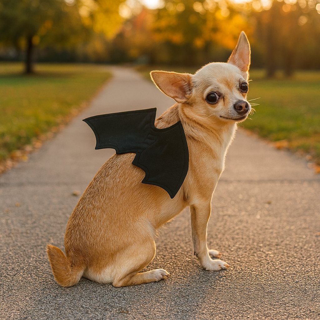 Costume da cane di Halloween con ali di pipistrello