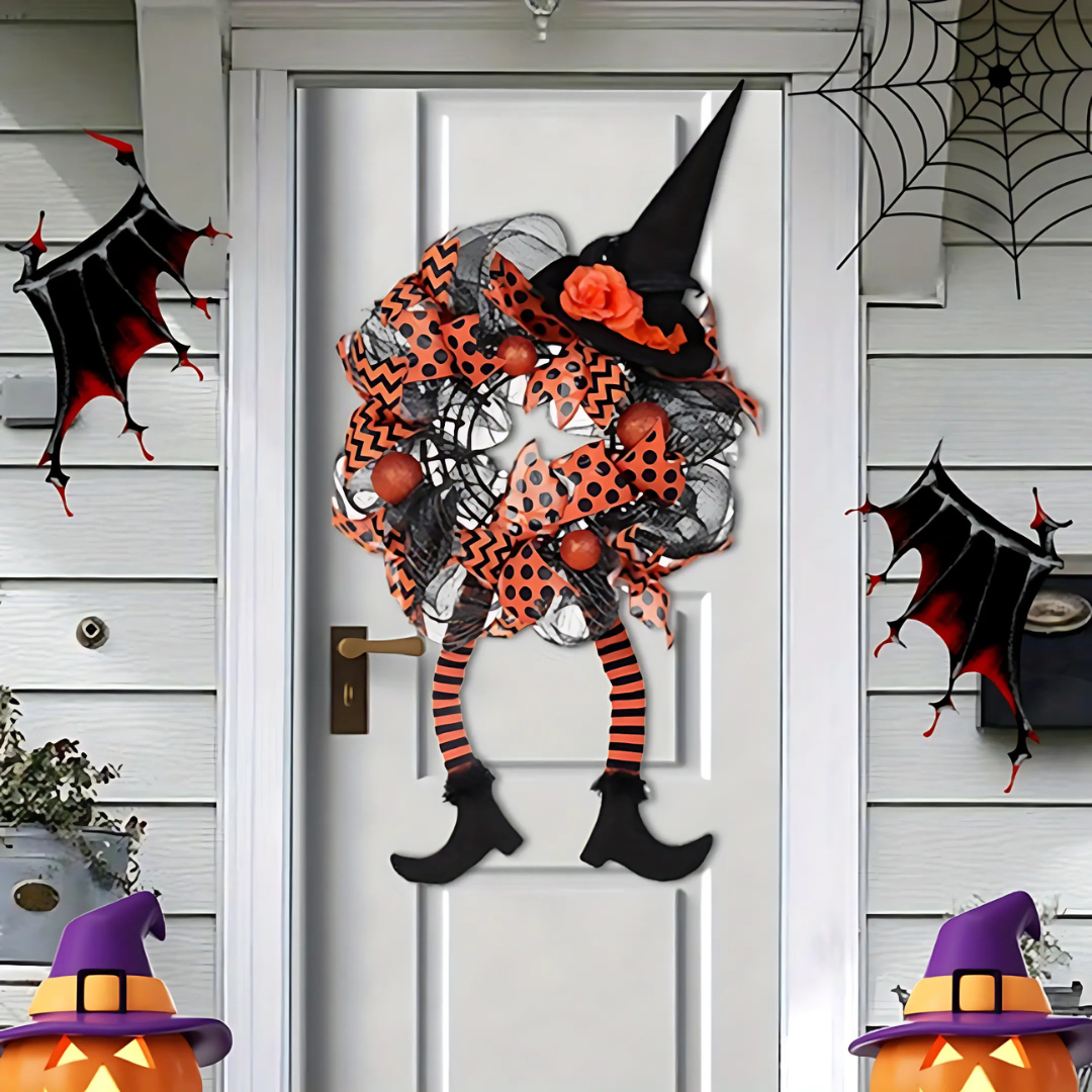 Ghirlanda per porta di Halloween | Design a rete con gambe da strega