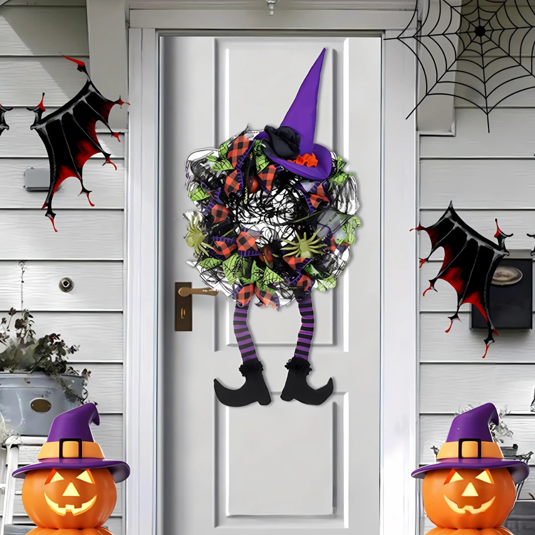 Ghirlanda per porta di Halloween | Design a rete con gambe da strega