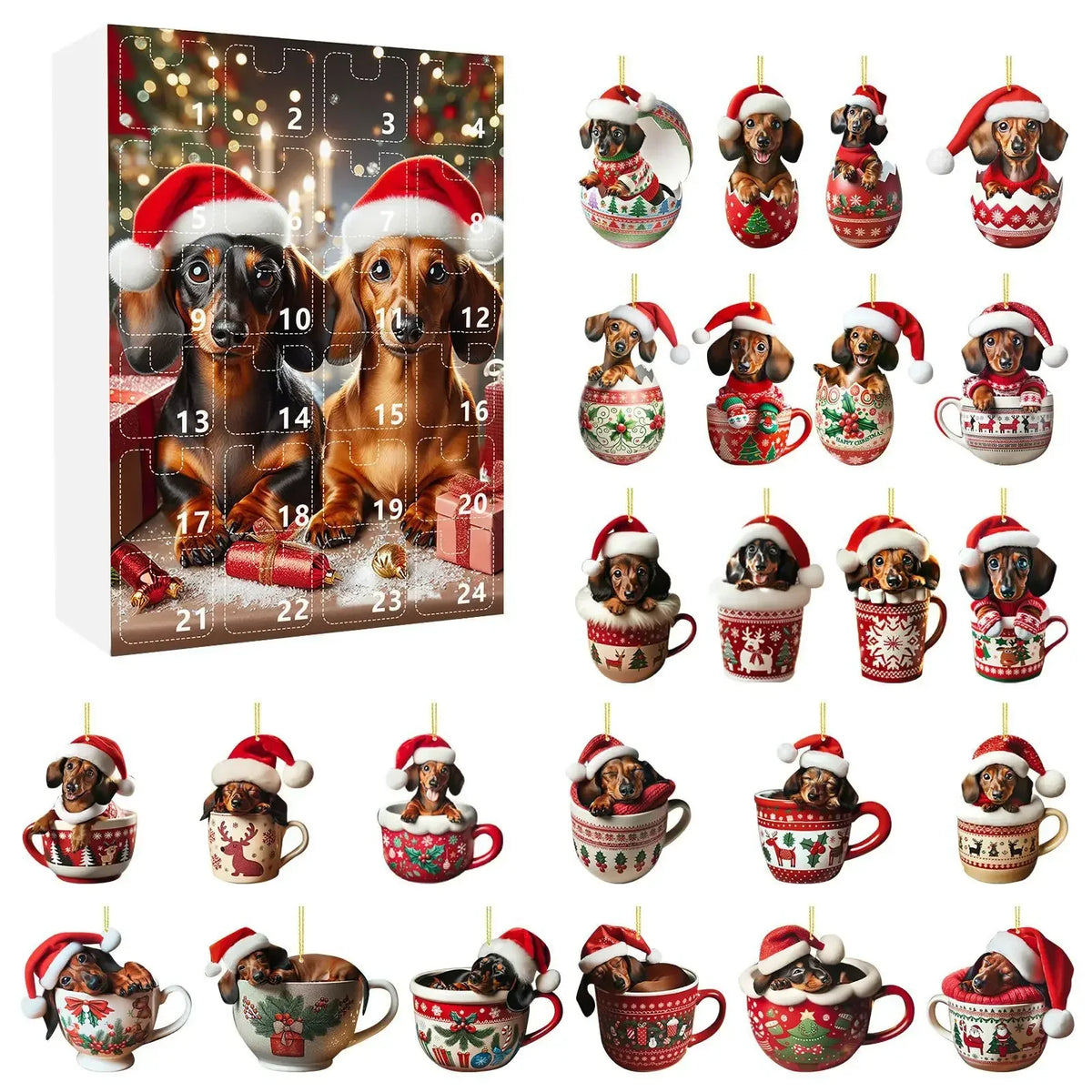 Calendario dell'Avvento di Natale con tema Bassotto | Conto alla rovescia di 24 giorni e design decorativo in acrilico