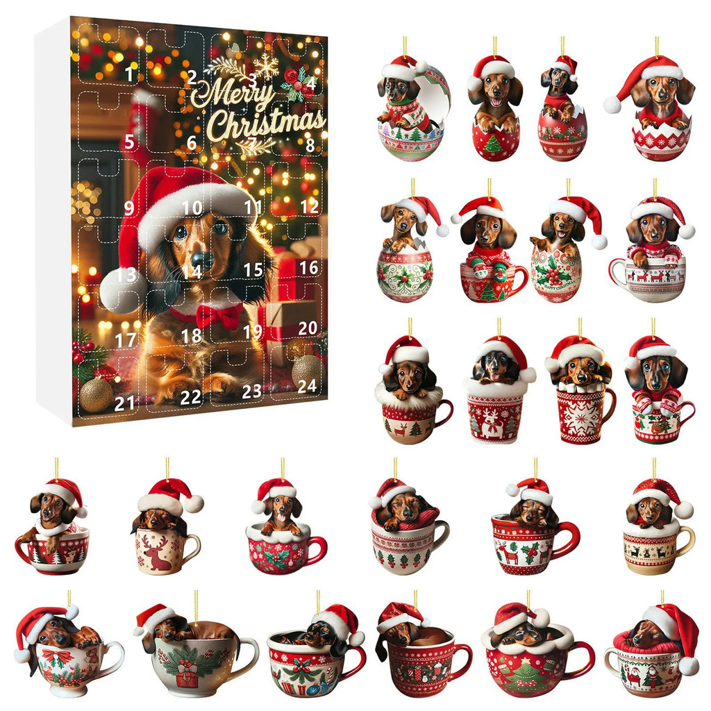 Calendario dell'Avvento di Natale con tema Bassotto | Conto alla rovescia di 24 giorni e design decorativo in acrilico
