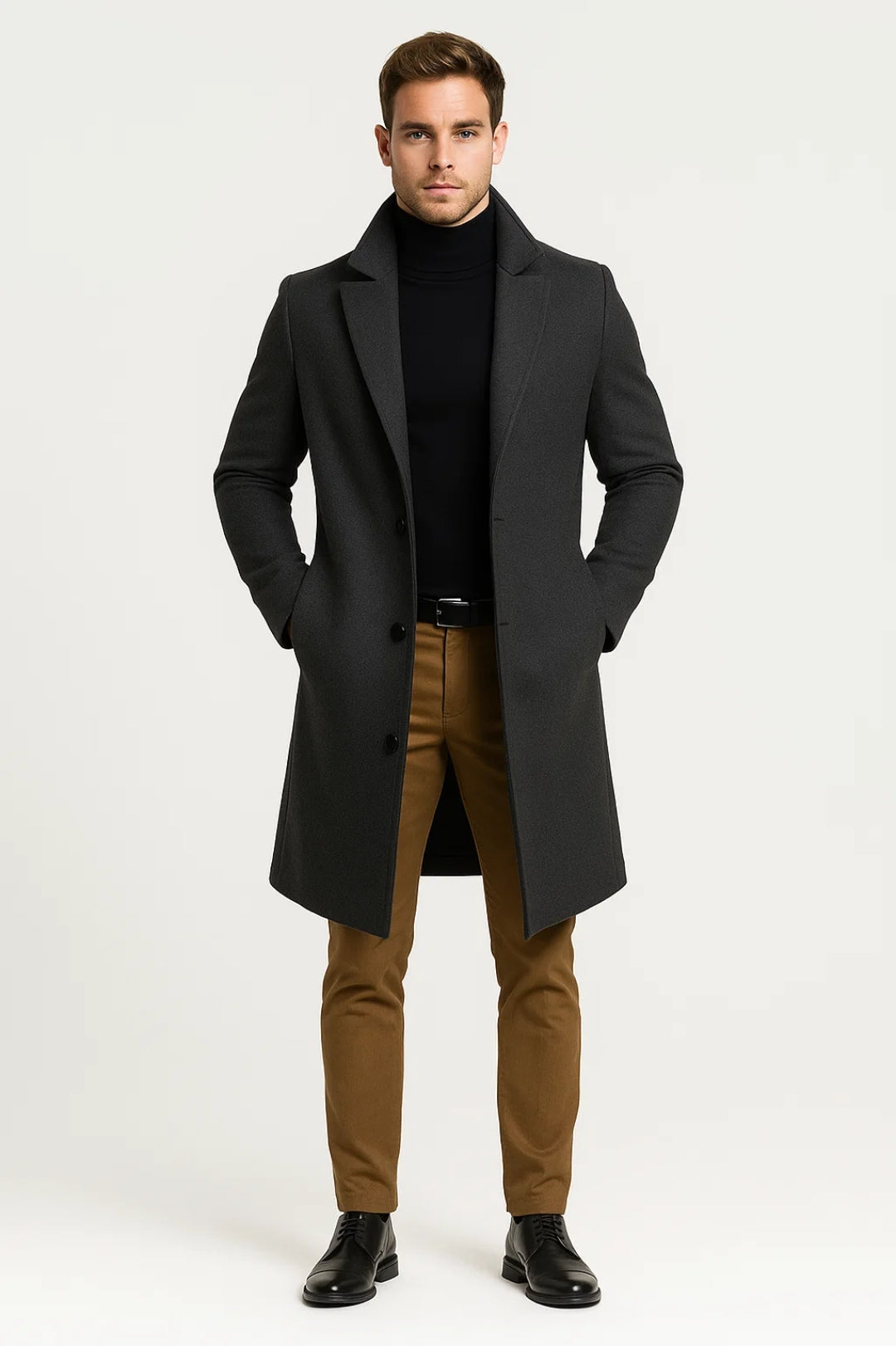 Cappotto lungo in lana da uomo con risvolto classico