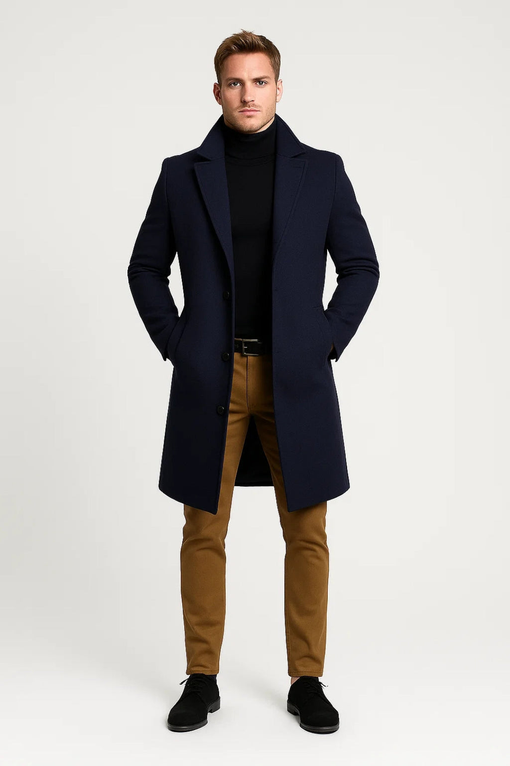 Cappotto lungo in lana da uomo con risvolto classico