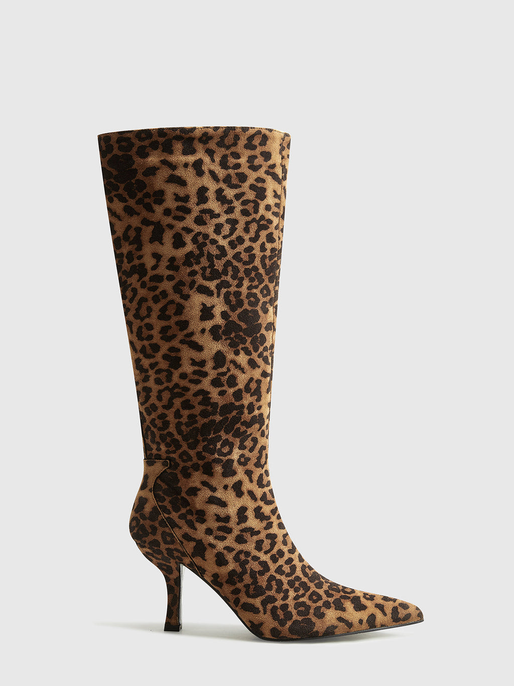 Stivali alti al ginocchio con stampa leopardata | Design con tacco medio a punta in pelle scamosciata