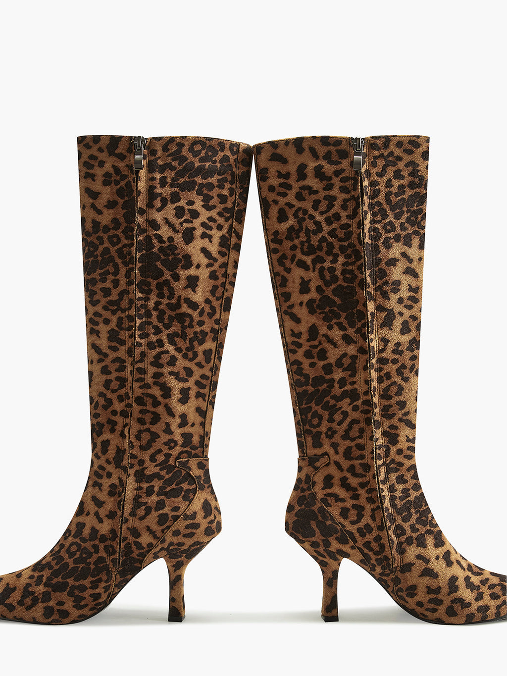 Stivali alti al ginocchio con stampa leopardata | Design con tacco medio a punta in pelle scamosciata