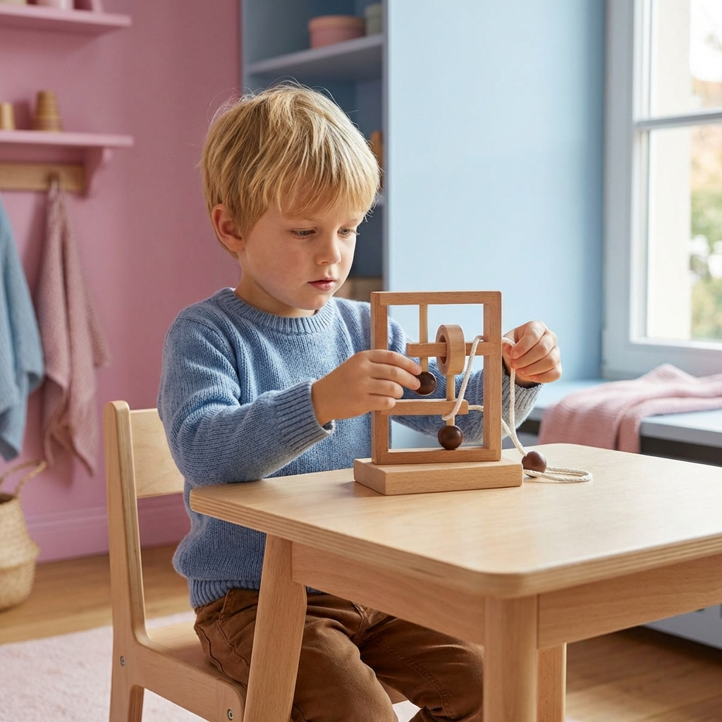 Gioco cerebrale per famiglie in legno | Puzzle IQ con corda, fatto a mano