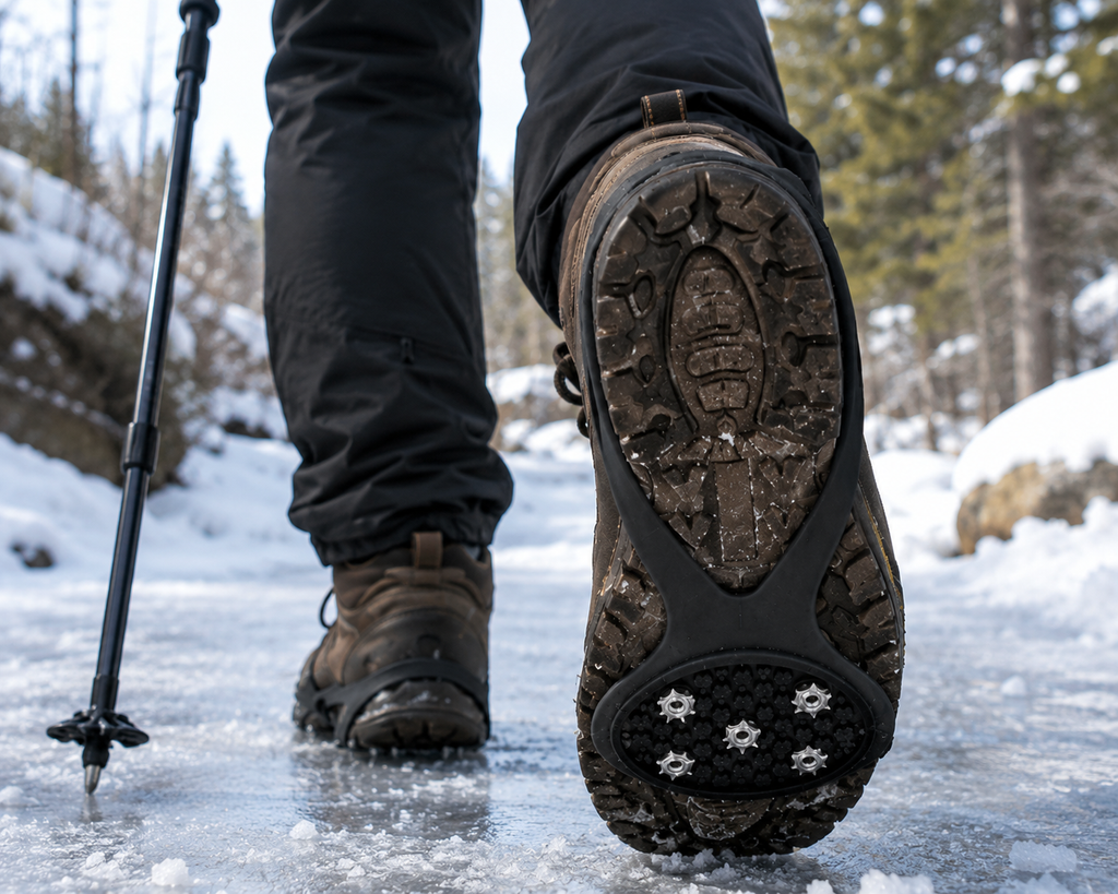 Ramponi per scarponi da trekking, Tacchetti da ghiaccio per scarponi e scarpe, Tacchetti da neve con punte in acciaio, Manopole da ghiaccio per scarpe