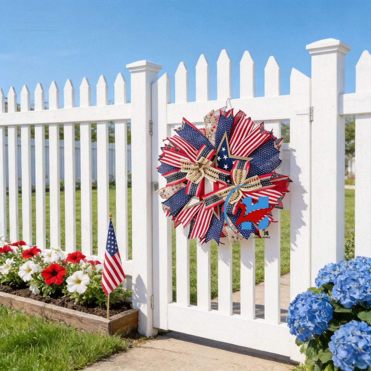 Ghirlanda unisex per porta nan more patriottica con design a stella, realizzata in legno e nastri di iuta