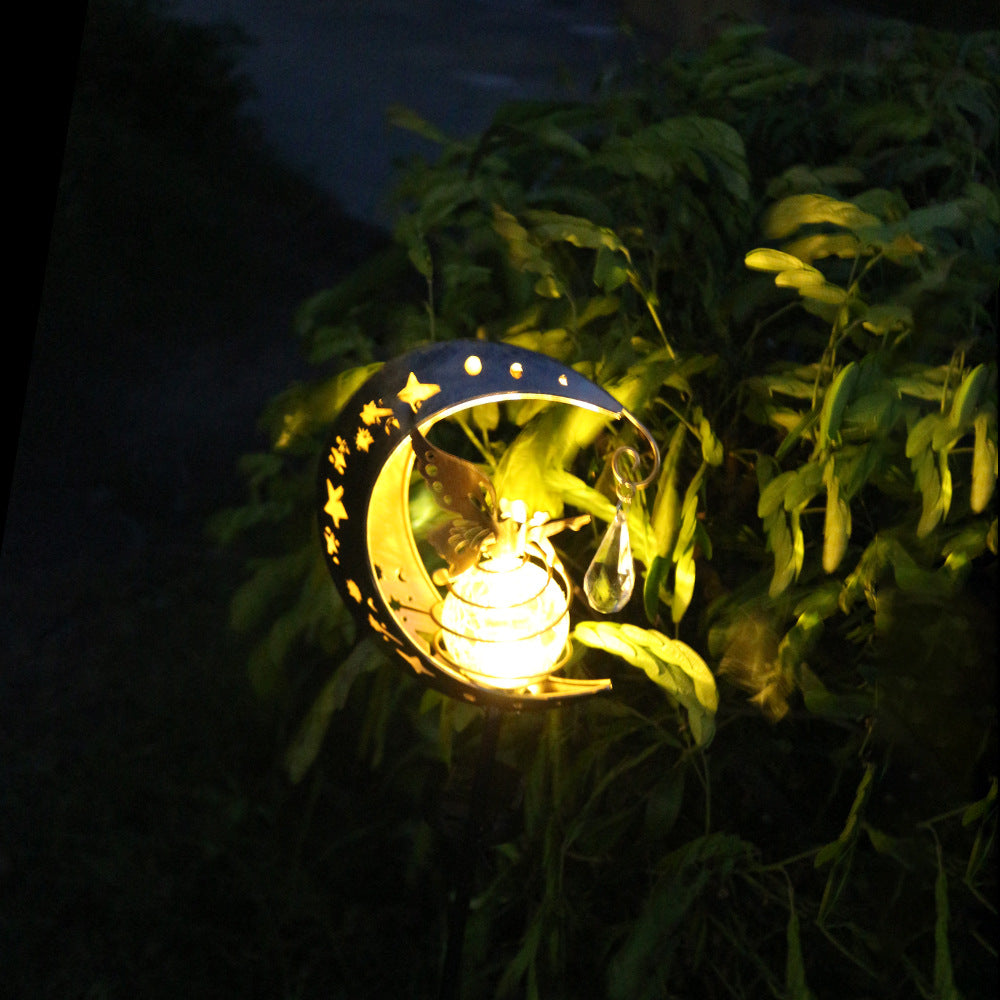 Lampada da giardino solare decorativa a forma di mezzaluna con sfera di cristallo sospesa e farfalla